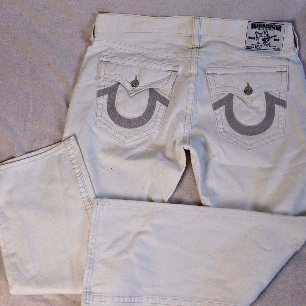 True Religion Ricky Straight Leg Jeans Mens 38 Off White Grey Horseshoe Made USA